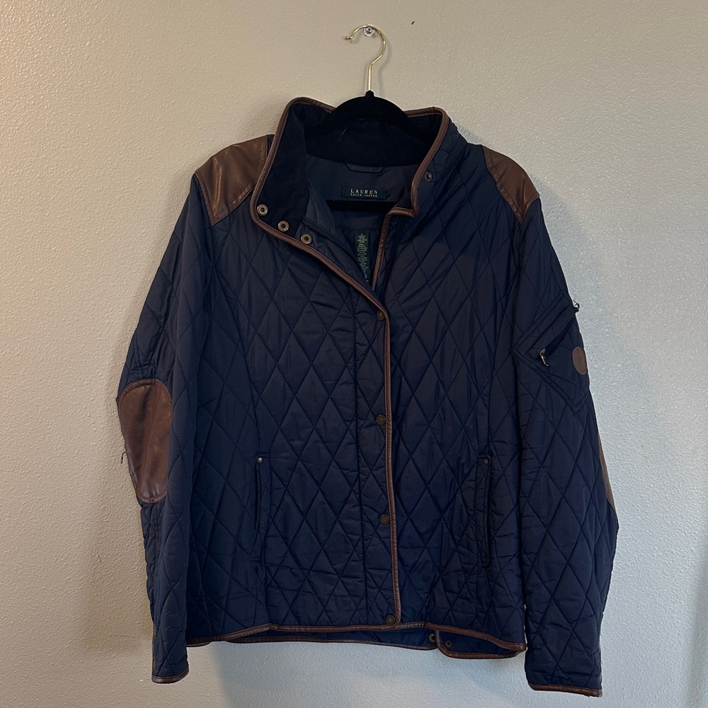 Lauren by Ralph Lauren Women's Dark Blue Quilted Jacket with Brown Details